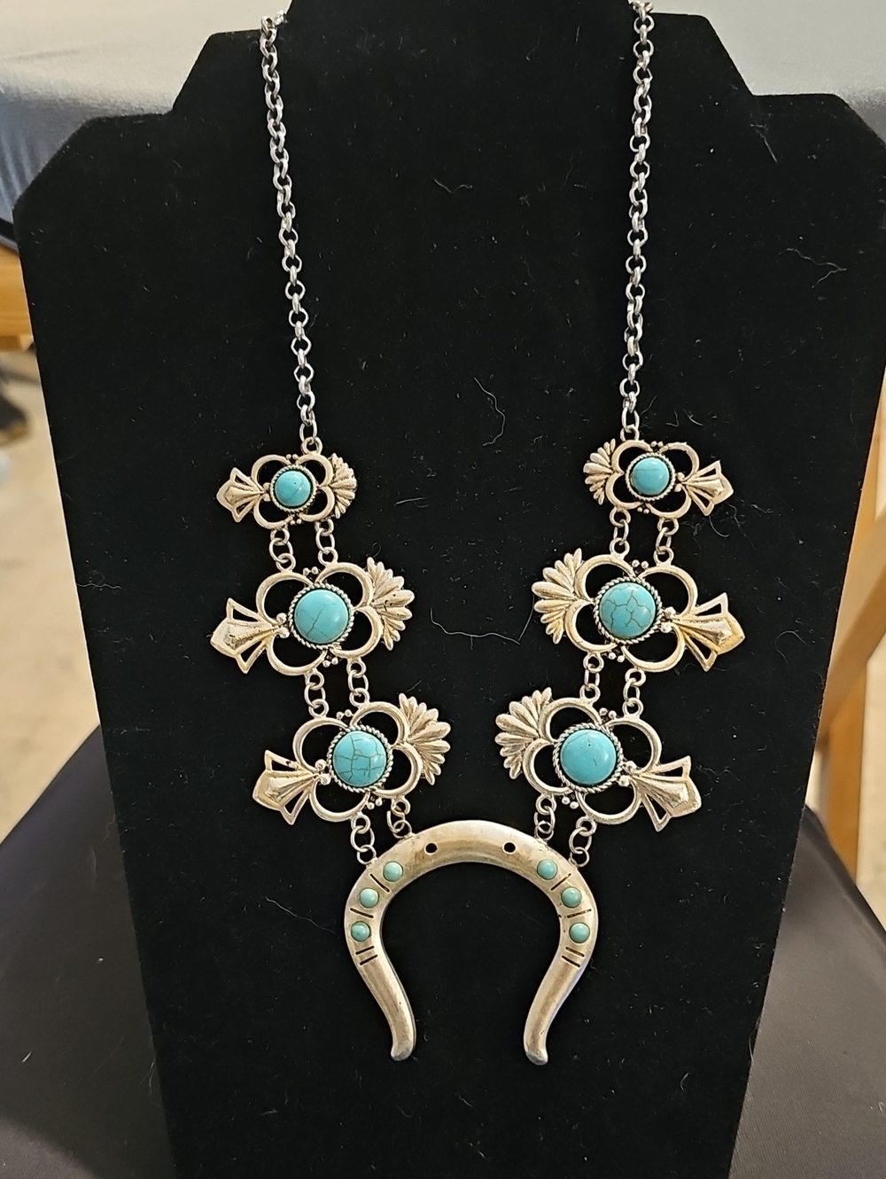 Turquoise Accent Silver-Tone Squash Blossom Necklace
